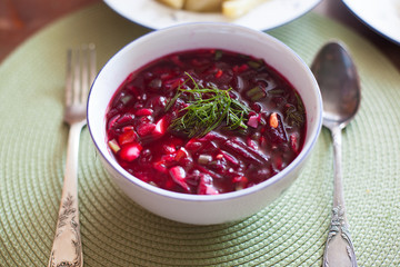 Traditional cold beet soup with vegetables