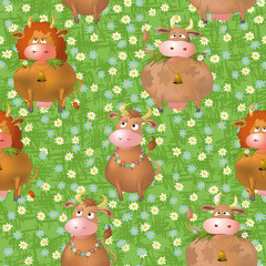 Seamless pattern, cartoon cows on a meadow