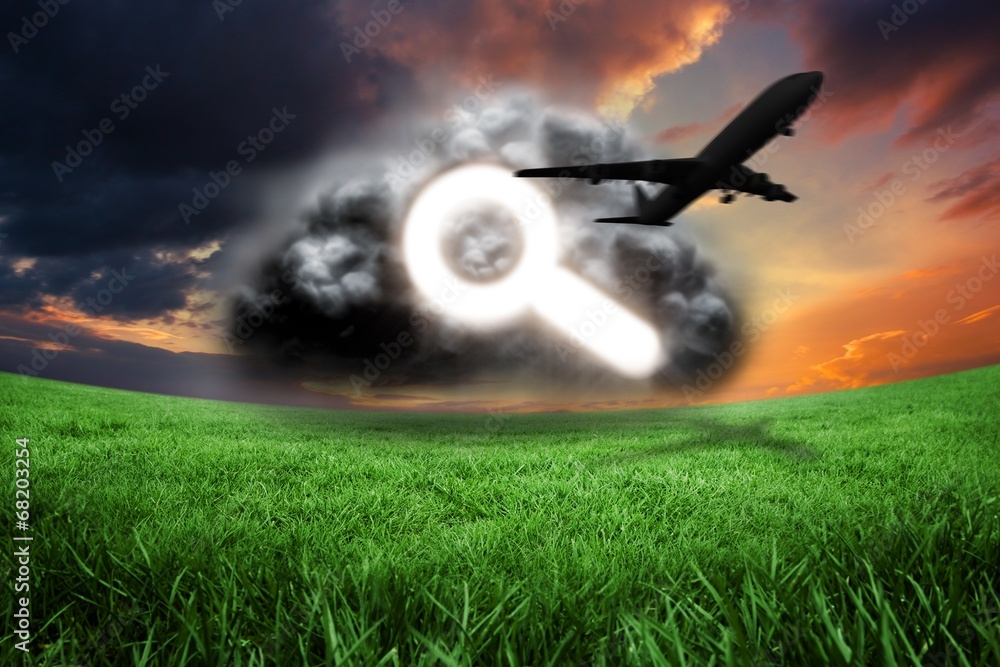 Poster composite image of magnifying glass in grey cloud with airplane