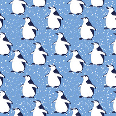 Seamless pattern, penguins and snowflakes