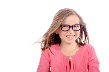 Schoolgirl with black glasses, smiles
