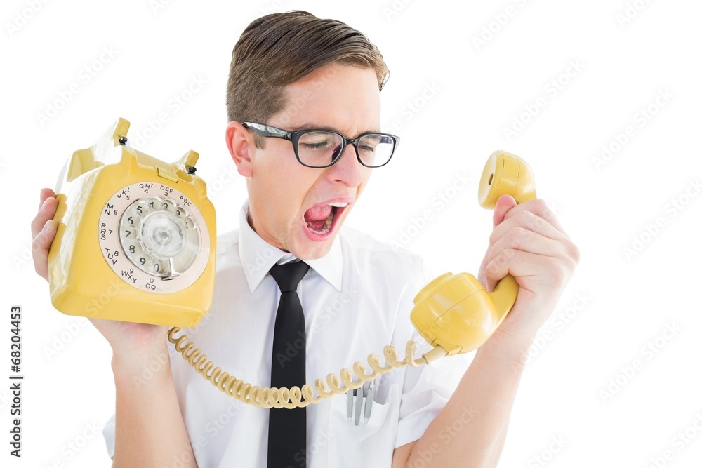 Poster geeky businessman shouting at retro phone
