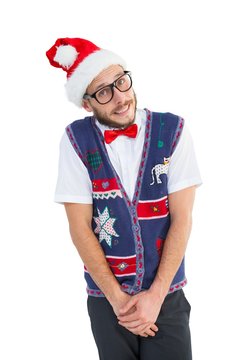 Geeky hipster in santa hat