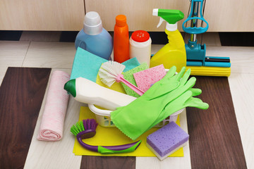 Collection of cleaning products and tools