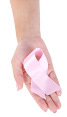 Woman with aids awareness pink ribbon in hands isolated on