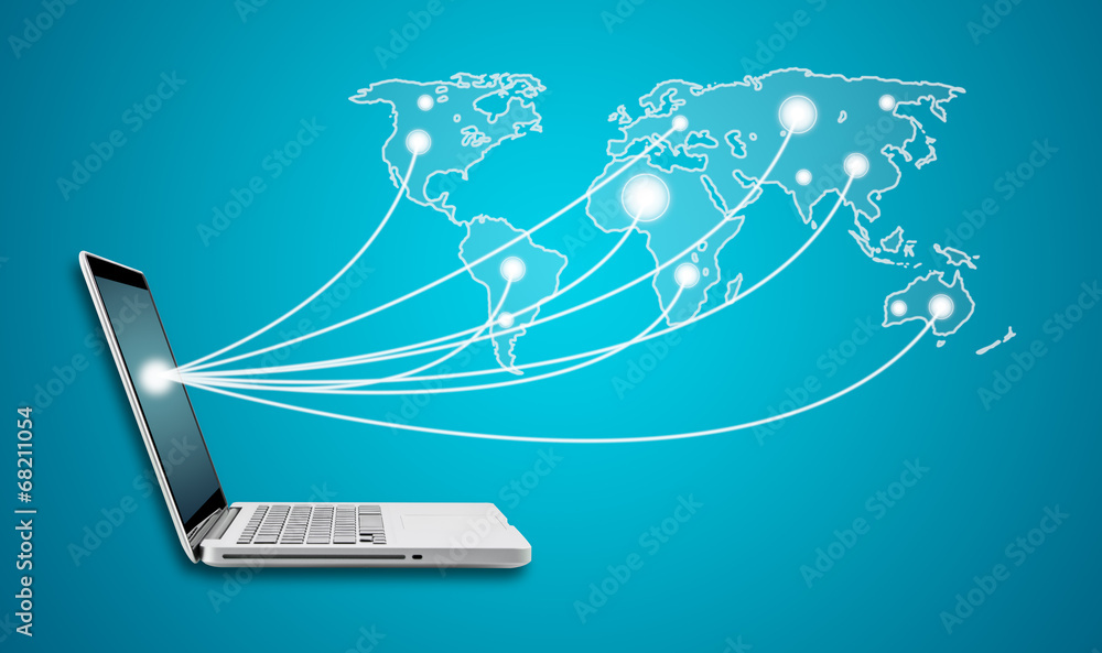 Poster computer laptop with social network world map social networking