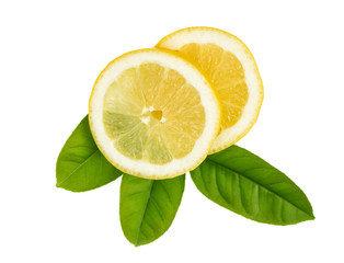 Fresh sliced lemon and leaf isolated on white.