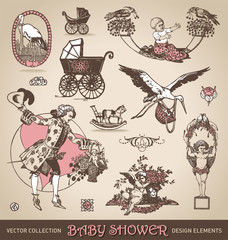 baby shower antique design elements set (vector)