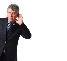 Curious businessman listen gesture