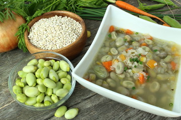 Traditional fava bean soup made with garden vegetables