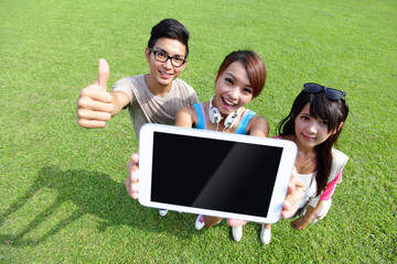 happy students Show digital tablet