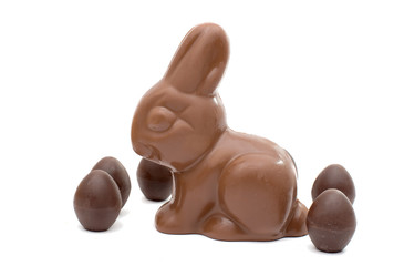 chocolate bunny with chocolate eggs isolated