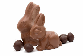 chocolate bunny with chocolate eggs isolated