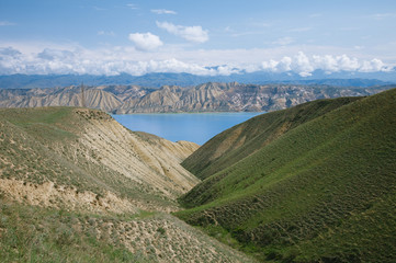 Toktogul  highland mountain lake in Kyrgyzstan