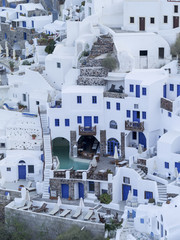 view to Oia city and water pools on Santorini