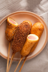 several korndogov on a plate