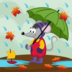 mouse in rain autumn - vector illustration, eps