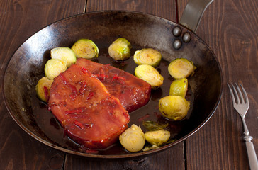 Brussels sprouts with smoked pork chops