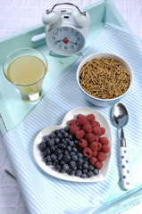 Healthy diet high dietary fiber breakfast on tray - vertical.