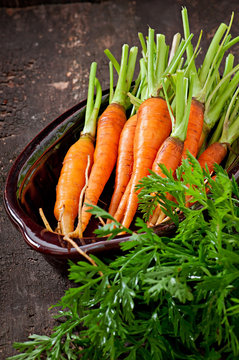 Fresh carrots on old wooden background
