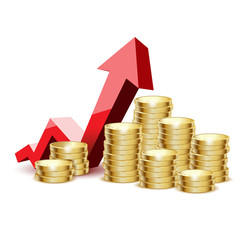 gold coins and arrow on a white