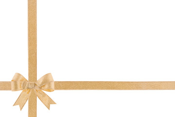 Golden ribbon with a bow on white background