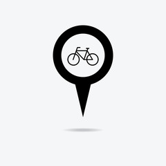 Map pointer with bicycle icon.
