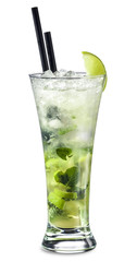 Mojito cocktail with mint twig on white