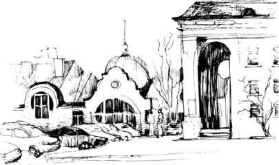 black and white sketch of the city landscape