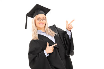 Female graduate student pointing with fingers