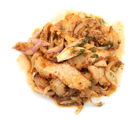 Thai cuisine spicy pork salad , Moo Nam Tok isolated white backg