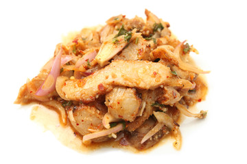 Thai cuisine spicy pork salad , Moo Nam Tok isolated white backg