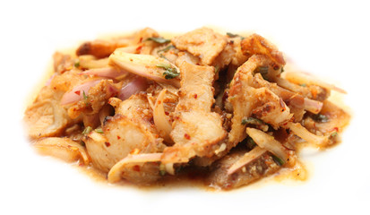 Thai cuisine spicy pork salad , Moo Nam Tok isolated white backg