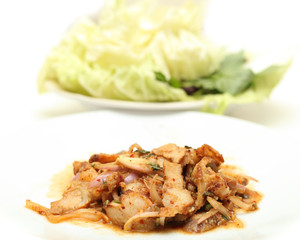 Thai cuisine spicy pork salad , Moo Nam Tok isolated white backg