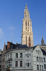Fototapeta na wymiar Kirchturm in der Abendsonne in Antwerpen