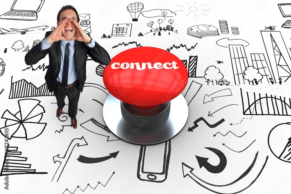 Poster Connect against digitally generated red push button