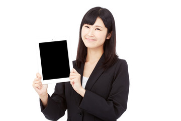 Fototapeta premium タブレットを持って笑うビジネスウーマン