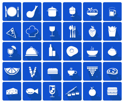 Food icons set - white on a blue background