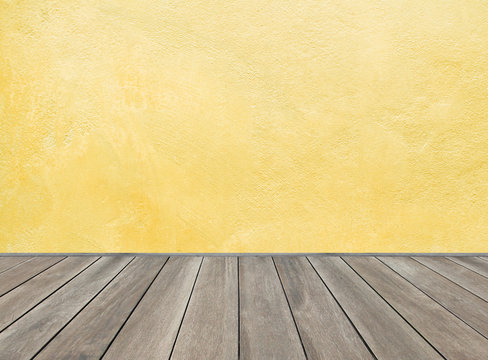 Wooden Floor And Yellow Retro Wall Background