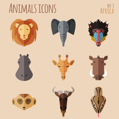 Fototapeta premium African Animal Portrait Set with Flat Design