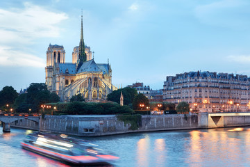 Notre Dame de Paris at night with river