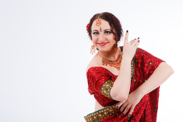 european girl in red indian saree