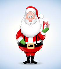 Happy cartoon Santa Claus holding a gift
