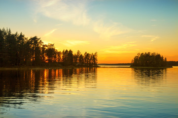 Sunset on the lake in Norway. White night.