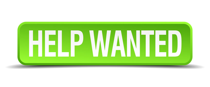 help wanted green 3d realistic square isolated button