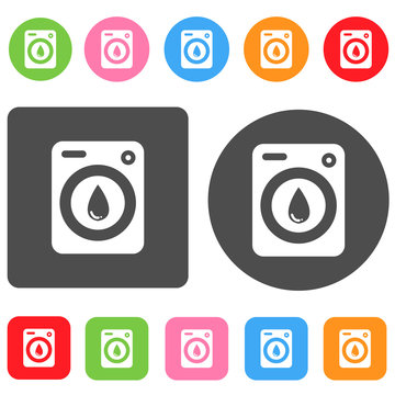 Washing machine icon. Bathroom symbol. Round and rectangle colou