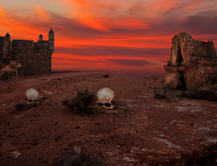 Halloween background with old towers and skulls