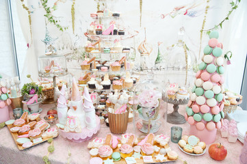 Wedding decoration with pastel colored cupcakes, meringues