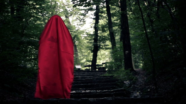 Mysterious woman, red riding hood walking in the forest