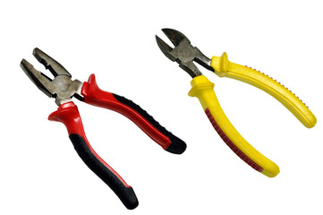 Red yellow pliers isolated on a white background.